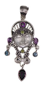 Amethst, Mother of Pearl Face, Qtz, Peridot, Blue Topaz pendant